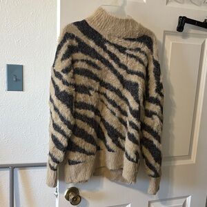 Zebra Stripe Fuzzy Knit Sweater - Beige & Charcoal